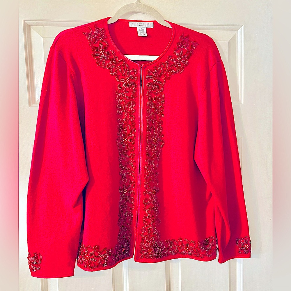 Red Beaded Holiday Jacket Cardigan Pursuits, ltd Size 1X